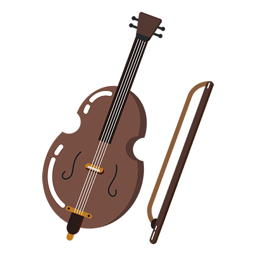Brauner Kontrabass mit Bogen im flachen Design-Stil