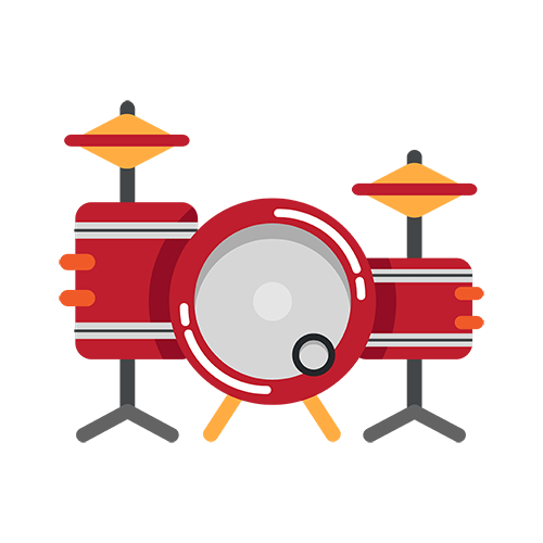 Rotes Schlagzeug-Set mit Trommeln, Becken und Drumsticks im flachen Design-Stil